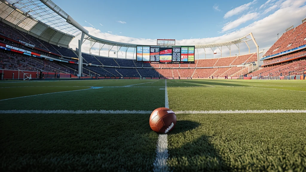 Close-up of a football field with a goal line, a football goal and the stands in the background, nice weather, blauer Himmel, Very high resolution 