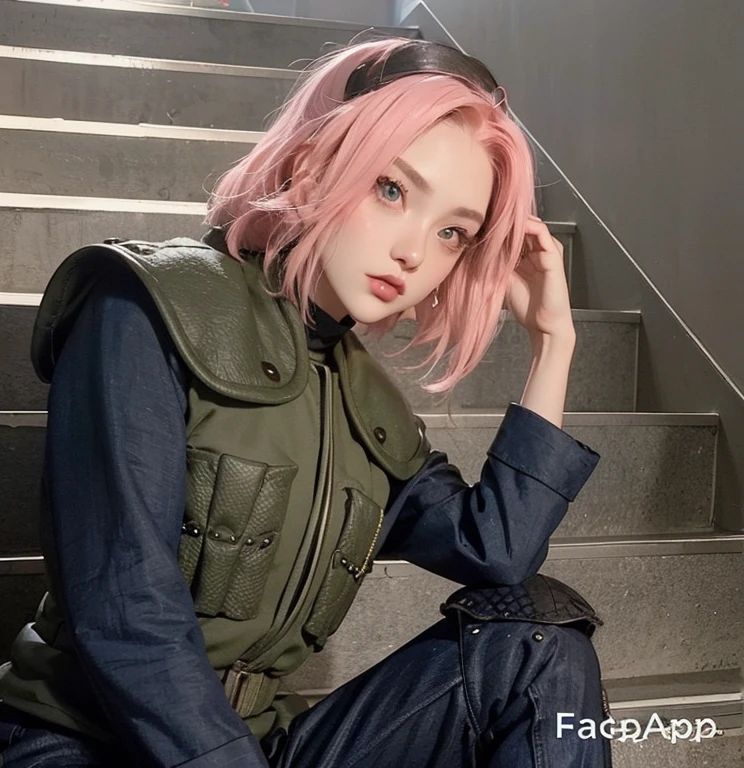 young woman, short shoulder-length pink hair, wide forehead, porcelain skin, pink eyebrows, big emerald green eyes, buttoned nose, full lips, heart-shaped face, slender body, small breasts, red tank top, Sakura Haruno , realistic, realism, details, 3d, well detailed
