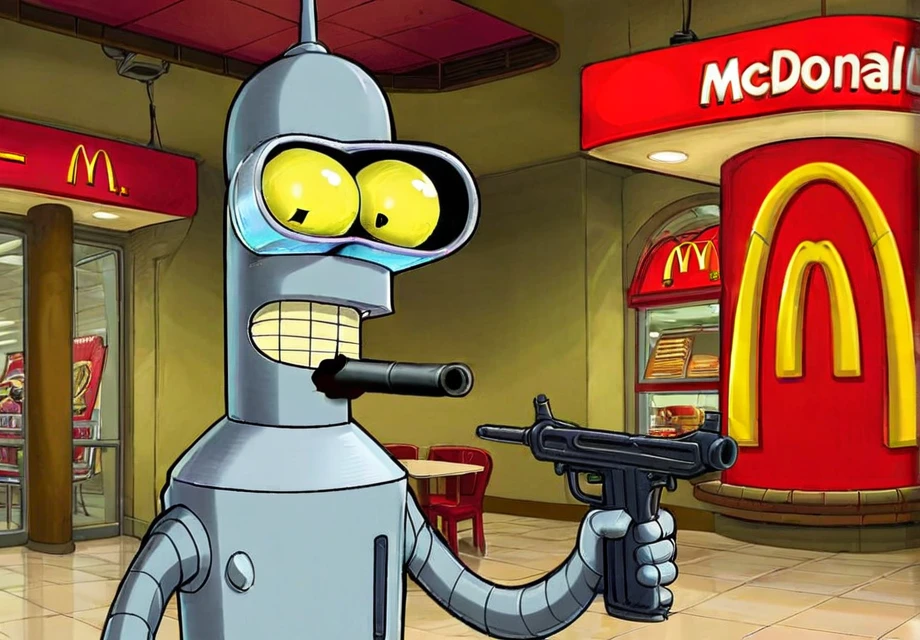 Bender wearing McDonald Uniform holding Uzi Gun on McDonald 