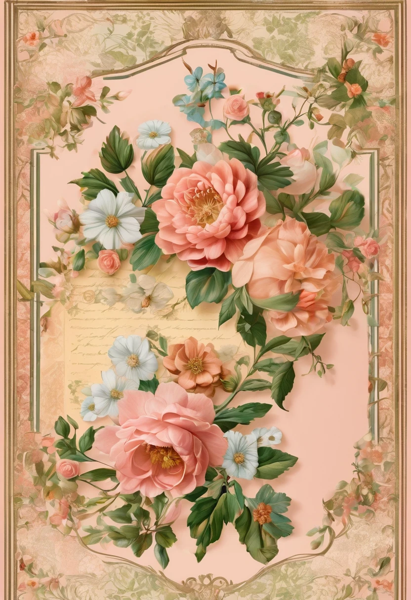 (overhead shot),(Masterpiece:1.4),delicate,8k,( Background Pages:1.4),race,Lots of ribon,Rococo, (VINTAGE light salmon SCRAPPY PAPERS), a selection of pretty pages with flowers that will work with,((Digital Paper:1.4))