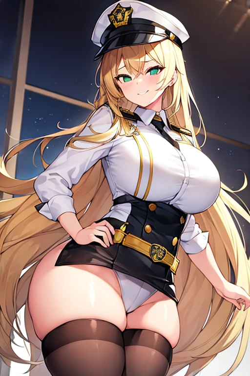 1girl, blonde hair, long hair, large breasts, thick thighs, wide hips, green eyes, smile, smirk, smug, leotard, belt, white leotard, police uniform, white clothes, black pantyhose, policewoman, police hat