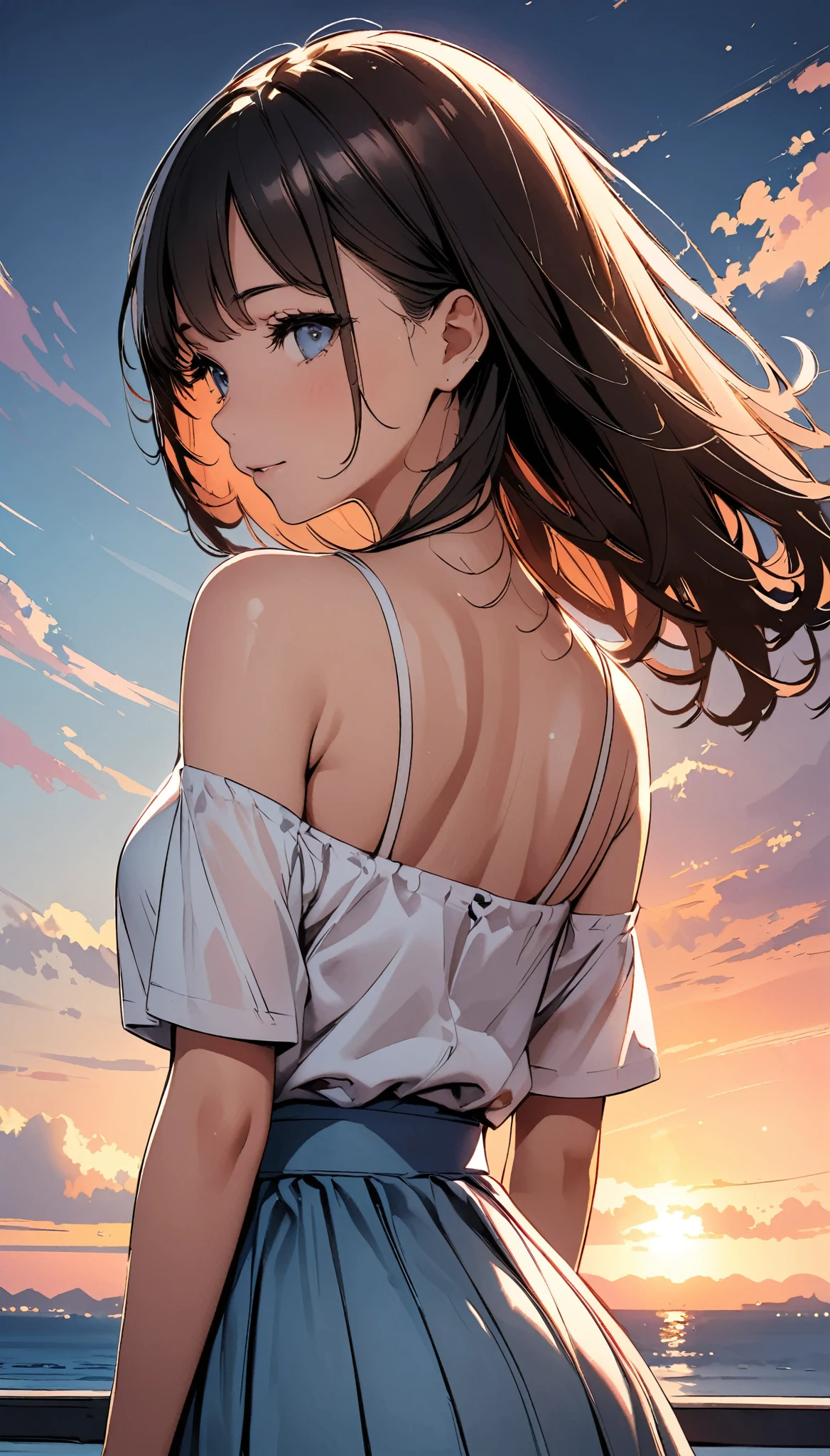 A woman who loves summer。Watching the sun set on the horizon、Back view。A 2D illustration-like, gentle atmosphere。The expression is delicate and beautiful、Hot Contemporary Art。masterpiece:1.2