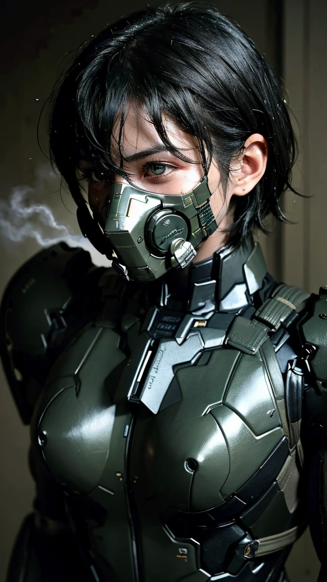 最high quality非常に詳細, Advanced Details, high quality, 最high quality, High resolution, 1080p, hard disk, beautiful,(War Machine),(Snug-fitting headgear),See the big picture,beautifulサイボーグ女性,Dark Green Mecha Cyborg Girl,Battle Mode,Mecha Body Girl　8k dark green body armor　Elementary school girl　Sweaty face　Droopy eyes　short hair　Gas mask with extension nozzle　boyish　Steam coming out of my head　My hair is wet with sweat　Black Hair, Steam coming out of the mouth　No exposed skin　Character Focus　Only the eyes are exposed