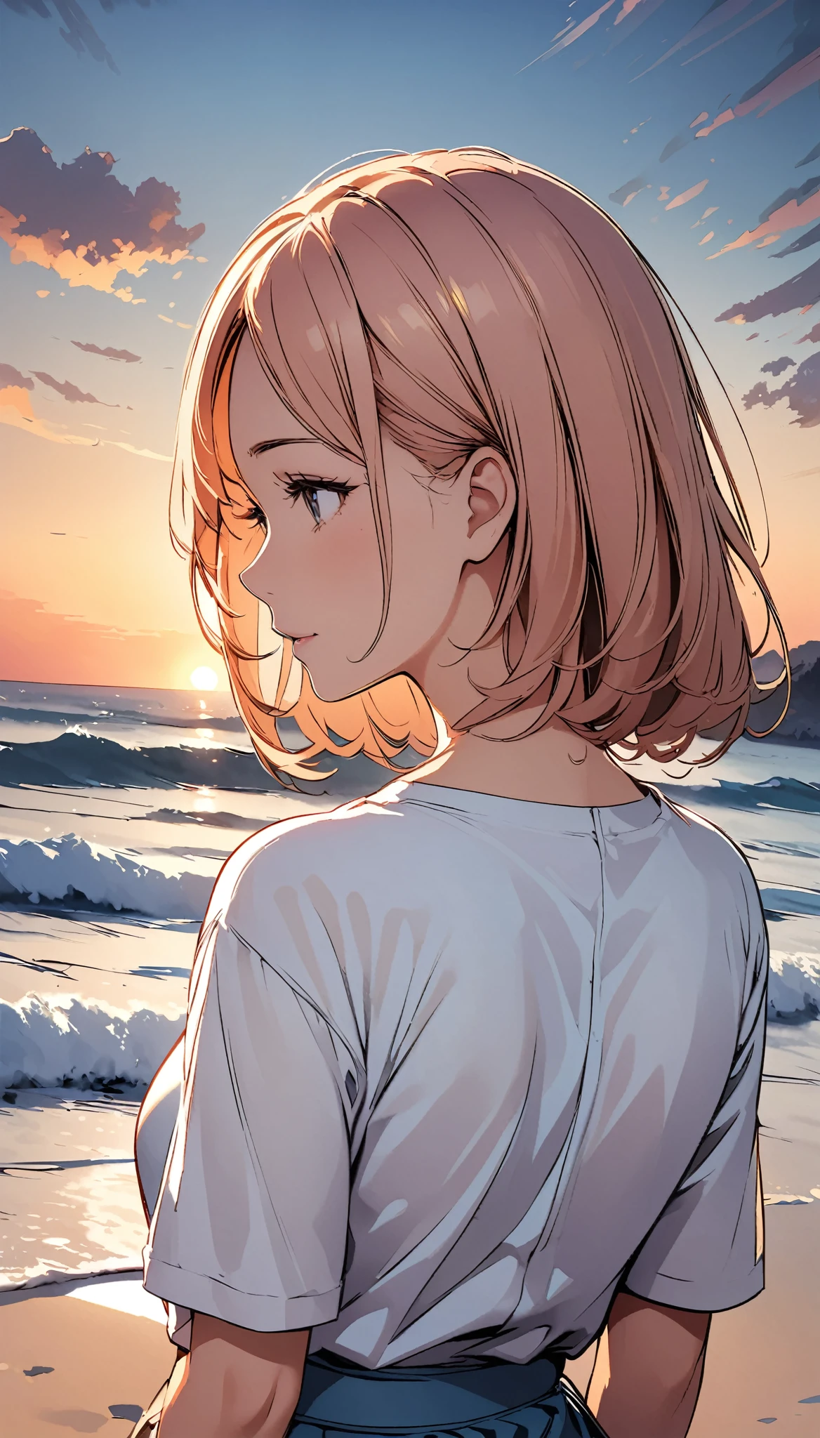A woman who loves summer。Watching the sun set on the horizon、Back view。A 2D illustration-like, gentle atmosphere。The expression is delicate and beautiful、Hot Contemporary Art。masterpiece:1.2