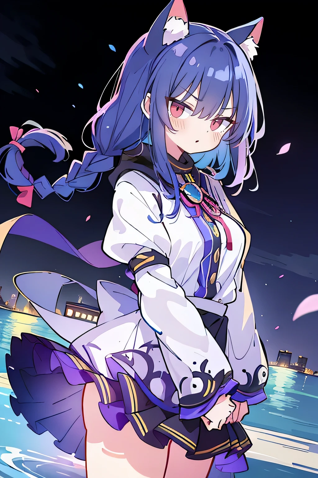 (masterpiece:1.2),Super detailed,lifelike,Expressive eyes,fair skin,perfect face shape,1 girl,
Japanese comics,Gorgeous blue hair,flowing blue hair,flowing clothes,Cat ears,Petals fall,beautiful lola,Baby Angel,
Shaking head with one hand,Cross your legs,Gentle and peaceful background,The pavilion is cool and comfortable,smile, wearing hoodie, background of tokyo,back views,snowing, winter,lie on the water.(Best Quality: 1.3), (Masterpiece: 1.3), (Illustration: 1.3), (Ultra Detailed: 1.3), (Imide Lens: 0.9), 1girl, Medium Breasts, Purple Eyes, ((Dark Blue Hair) ), hair accessories, young, clothing-gladiia, long hair, dark blue hair, indoors, black shorts, high socks, low ponytail, expressionless, upper body, close-up, coat, skirt,fgo style,like \(destiny\), like Adult, hair length, underwear, masterpiece, Top quality, 1 Girl, looking at the audience,(((braid)))、shameful face、Embarrassed face、Long body、huge 、