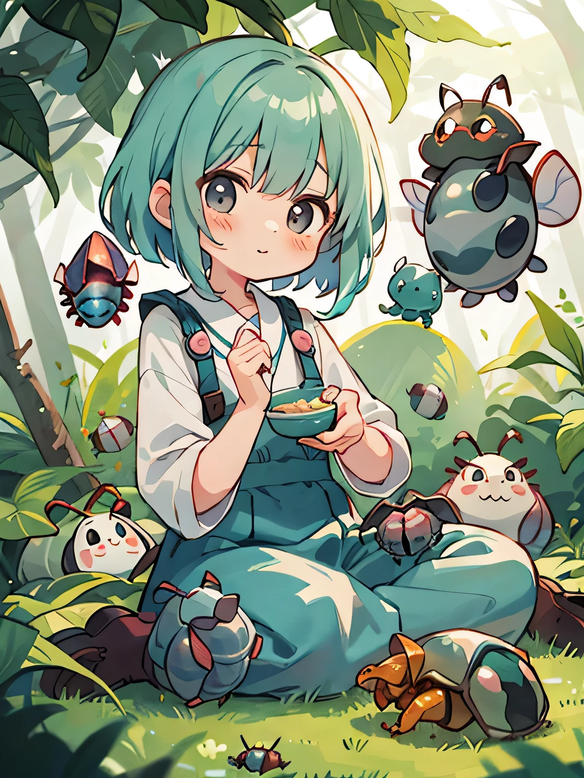 Watase Seizo style, Kawaii Design, (((10 people)))、most beautiful girl ever、Chibi, Colorful bob hair、((Lots of friends))、(((Cute pillbug)))、Totoro Forest