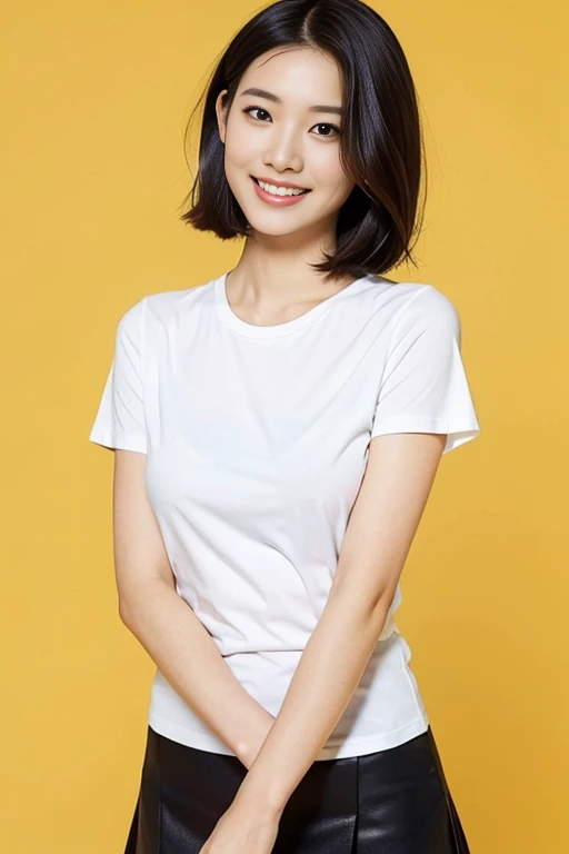 a gorgeous lady, age 22, white T-shirt and black skirt, dimpled smile, short bob hair, in a natural pose, photorealistic, beautiful detailed eyes, ample round bosom, hyper-realism, high contrast, ultra HD, realistic skin textures, top image quality, top-quality, super high resolution, fine details, very meticulously, simple yellow background