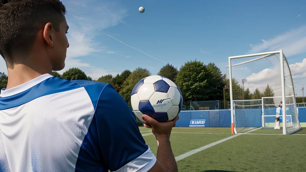 Close up soccer coach with goal line, in the background a football goal with the station grandstand, nice weather, blauer Himmel, sehr hohe Details