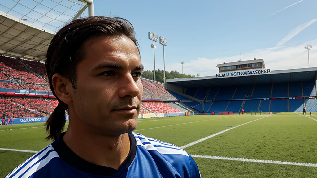 Close up soccer coach with goal line, in the background a football goal with the station grandstand, nice weather, blauer Himmel, sehr hohe Details