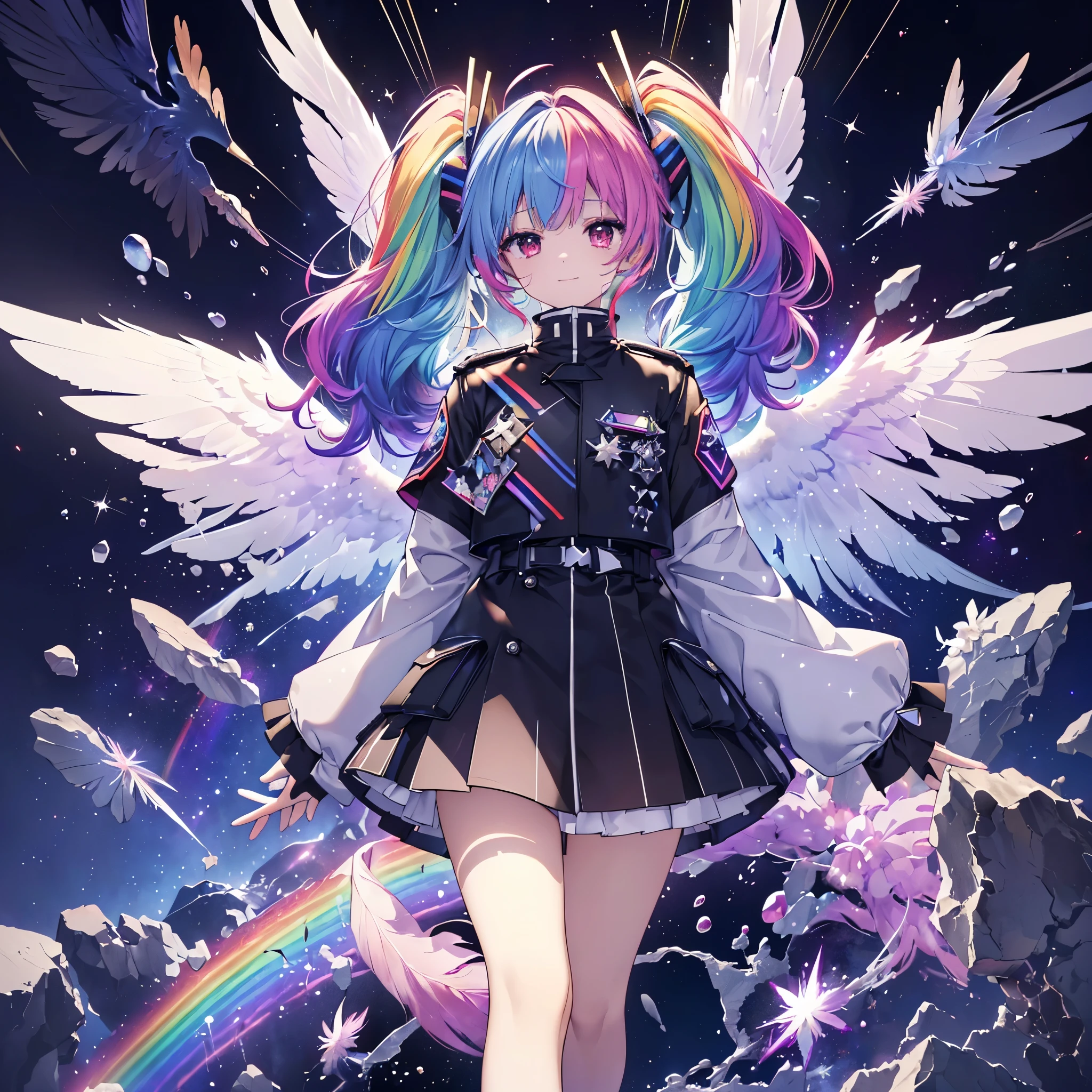 ((Archangel Fantasy Rainbow Hair Make your hair rainbow-colored on the inside Twin tails Dull red eyes Has a galaxy uniform Put on a coat without putting your arms through it Wings many times larger than mine rainbow gradient feathers Lonely Smiling Kindly)) ((tears gloves)) (Broken glass Distorted Space-Time star) Catch the wind milky way Shining Background Particles of light, rainbow colored edges star