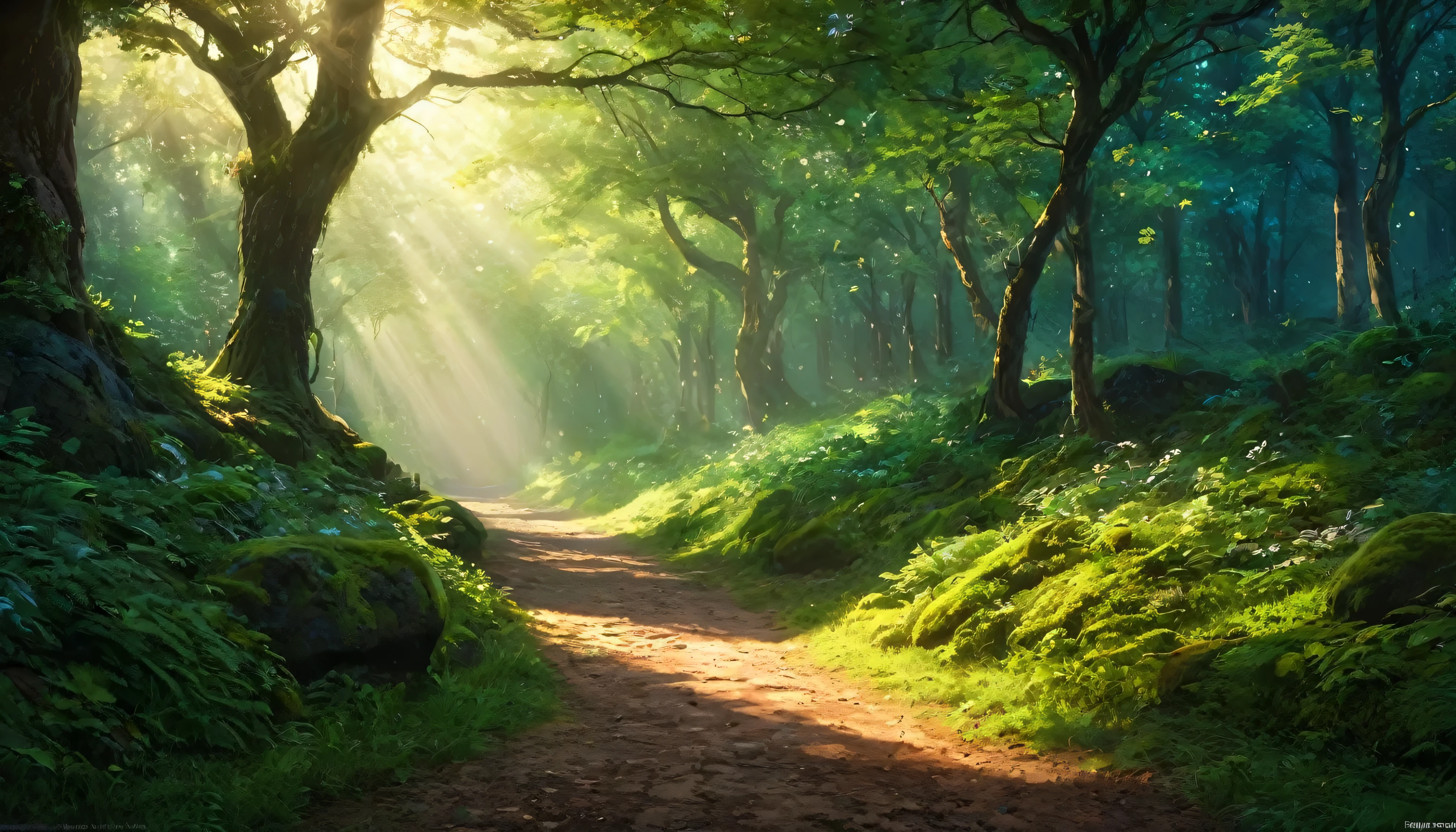 (anime, fantasy), (best quality, high resolution, depth of filed, HDR:1.2), (A majestic dirt road lead to a forest, forest entrance, large bushes, small boulders scattered, mysterious, dark hue), fantastical landscapes, vibrant colors, majestic, dark enchanted, dangerous atmosphere, magical atmosphere, beautiful, extremely detailed, intricate, delicate, serene fantasy, light filtering through the trees, bokeh, cinematic lighting, 8k, high quality