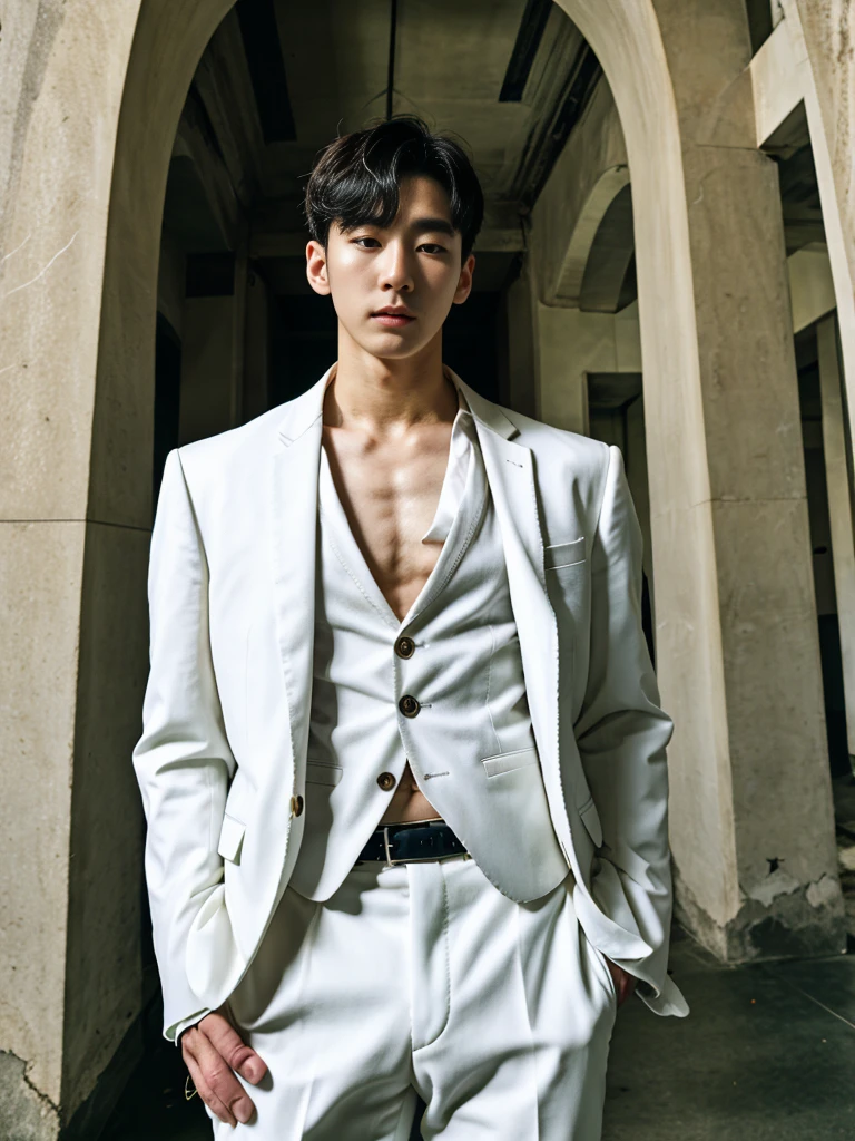 Realistic​ photography​ of a​​​ ​ korean guy​ ​, 29 ages​​​ , wearing​ a​ suit​​​,​ white​ skin, at​​ old​s​ building 