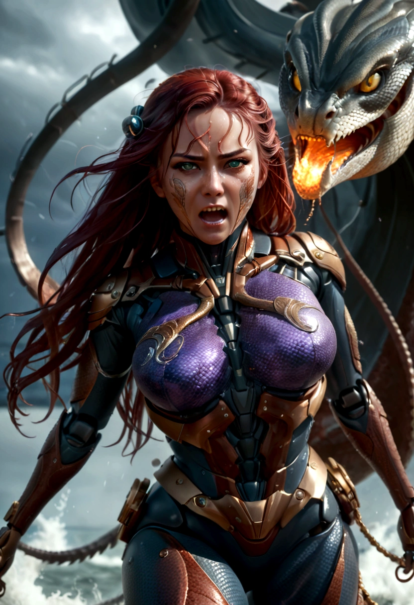lady Kraken in stunning movement, wrath expression punching a vessel-boat as nebula explosion, scaled face-skin, punching focus, cried out, metal-scaled body-skin, high tide, thunder-storm background, ultra shots photographic, hyper detailed, ultra-speed shot, dimmed light, UHD, 16k, epicrealism, masterpiece, perfect image, perfect color.