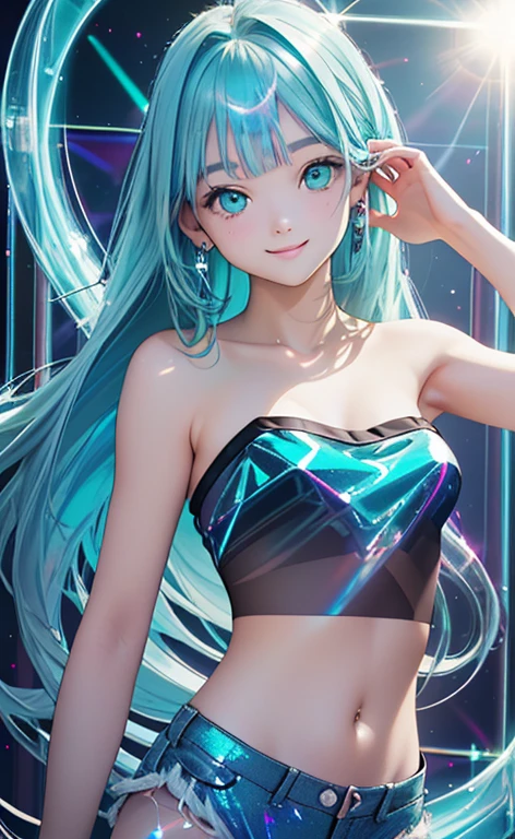 (Photorealistic:1.4)、(:1.5),(masterpiece、lens flare、Exquisite beautiful eye:1.5,portlate:1.5),(),(kind eyes、tareme:1.9),(Close-up of face,face focus1.7)、Cute Face、 3D Face、(aqua hair:1.5)、(long hair,:1.5),(sidelock :1.5),(blunt bangs:1.3),(1 lgirl)、(aqua eyes:1.2)、(upper body:1.5)、(Hands in hair),(Hands in hair)、(smile:1.5)、().(),(head tilt) ,(),(flat chest),(),(hologram strapless tube top ,hologram micro shorts:1.5),(art background:1.5)、(Detail)、(hologram)、Slim Body(),Shiny Hair、