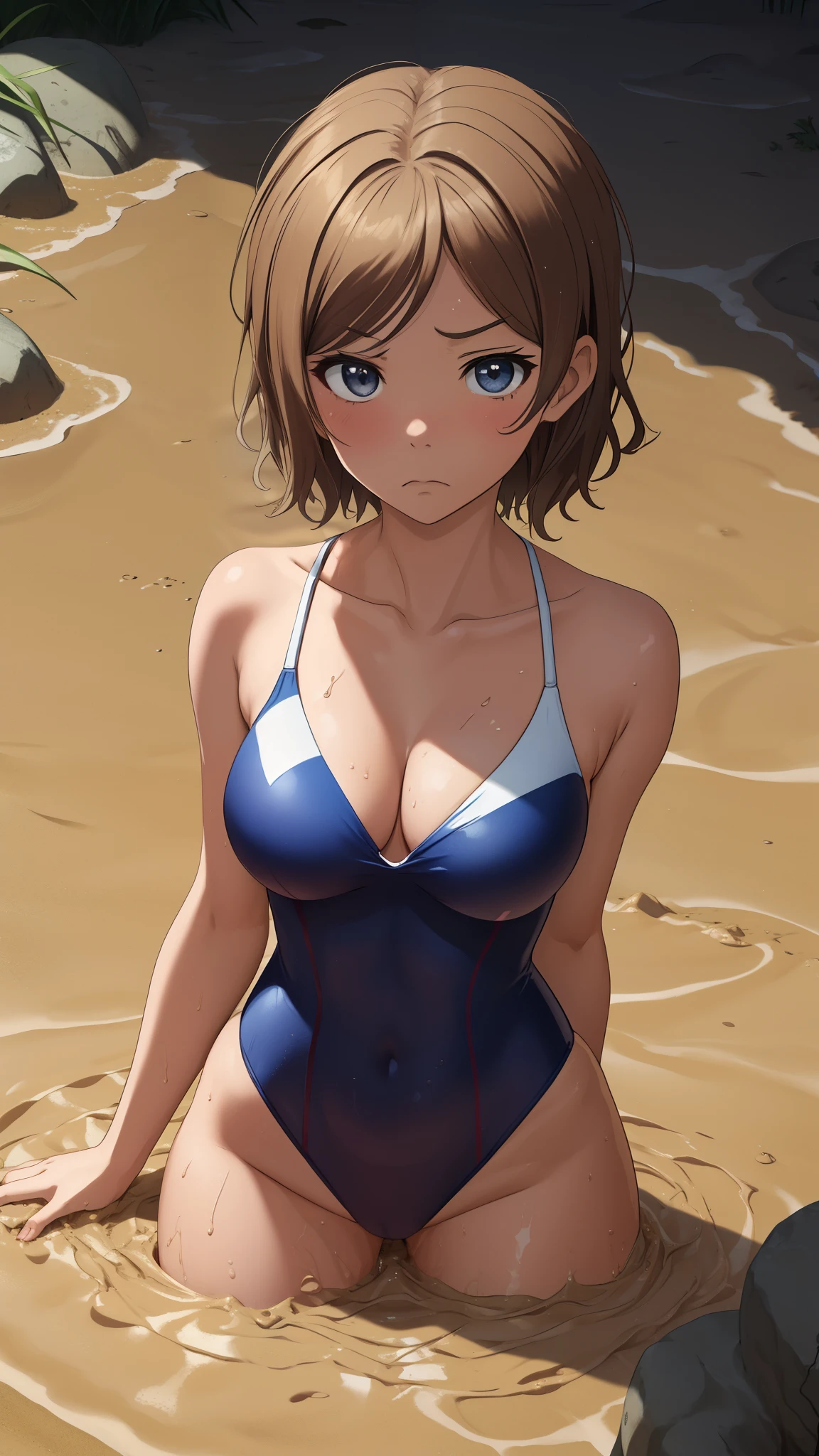 (Masterpiece), 8k wallpaper, solo, Watanabe you, one-piece swimsuit, v-neck, low cut at hips, worried, upset, (quicksand:1.2)