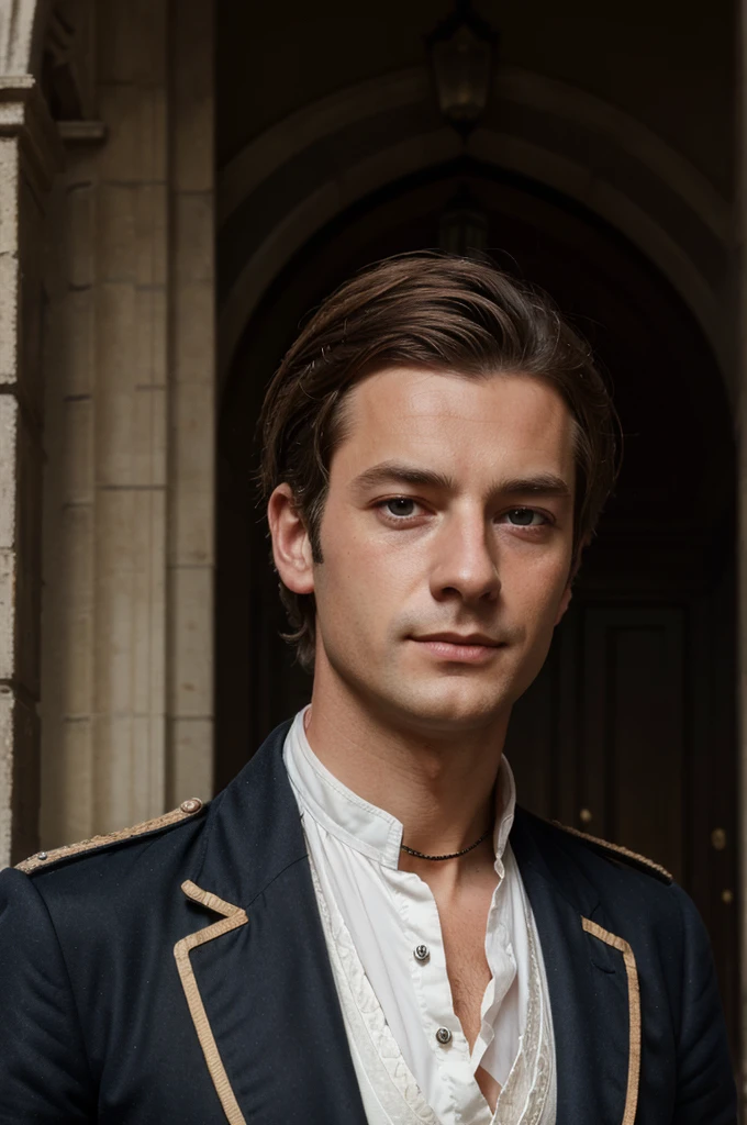 Bridgerton (London, 1815), male lord (30-40), braune Haare (lockerer Zopf, kurz), braune Augen, Bartstoppeln, Grinsen
