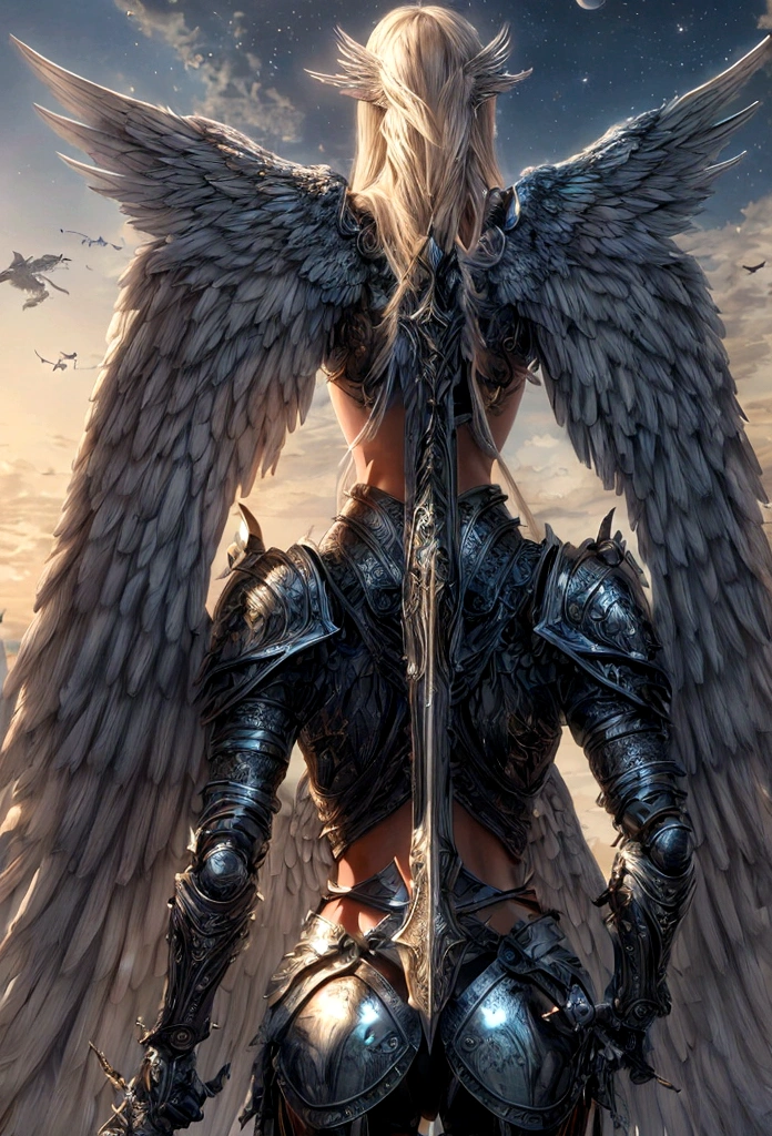(a back view model shot taken from the rear: 1.5), aasimar, female, (Masterpiece, intense details: 1.3), female, paladin, holy warrior, short blond hair, determined face, full body, armed with sword, holy symbol, (wings sprouting from the back: 1.3) spread large feathered wings, majestic wings, white angelic wings, moon light, moon, stars, clouds, cemetery background, anatomically correct (Masterpiece, intense details: 1.3), god rays, cinematic lighting, glowing light, photorealism, panoramic view, Wide-Angle, Ultra-Wide Angle, 16k, highres, best quality, high details, ultra detailed, masterpiece, best quality, (extremely detailed), arafed, dnd art, armored dress