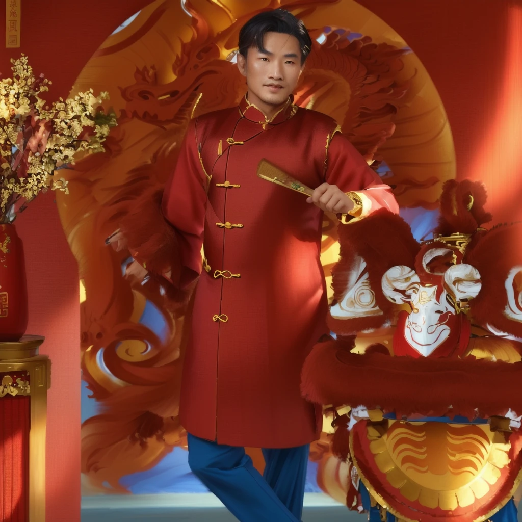 man in blue shirt and brown pants standing next to a red dragon, in style of lam manh, inspired by Gong Kai, ao dai, inspired by Gong Xian, traditional tai costume, with acient chinese clothes, inspired by Gao Kegong, inspired by Guan Daosheng, traditional chinese clothing, inspired by Pu Hua, inspired by Chang Dai-chien