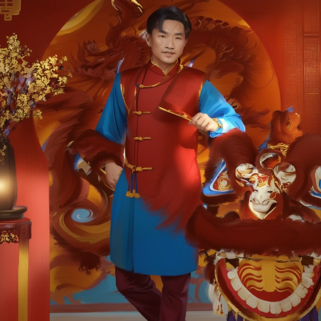 man in blue shirt and brown pants standing next to a red dragon, in style of lam manh, inspired by Gong Kai, ao dai, inspired by Gong Xian, traditional tai costume, with acient chinese clothes, inspired by Gao Kegong, inspired by Guan Daosheng, traditional chinese clothing, inspired by Pu Hua, inspired by Chang Dai-chien