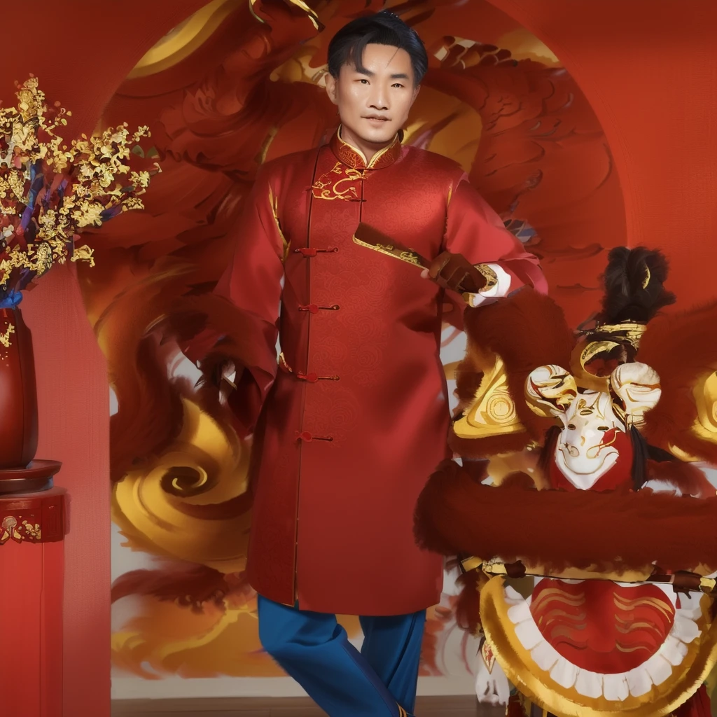 man in blue shirt and brown pants standing next to a red dragon, in style of lam manh, inspired by Gong Kai, ao dai, inspired by Gong Xian, traditional tai costume, with acient chinese clothes, inspired by Gao Kegong, inspired by Guan Daosheng, traditional chinese clothing, inspired by Pu Hua, inspired by Chang Dai-chien