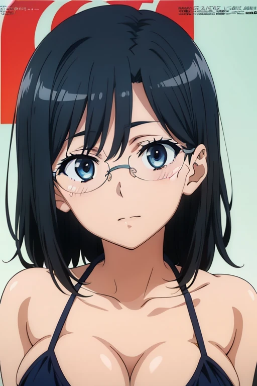 (anime cels style, megami magazine, poster style, best quality, high resolution, sharp, 8k, masterpiece), (beautiful detailed eyes, beautiful detailed face), Konori Mii, glasses, (black medium hair), blush, (large breasts), polka dot bikini, (upper body, standing), simple background, (perfect detailed anatomy, perfect detailed body, perfect arms, perfect fingers, shiny skin)