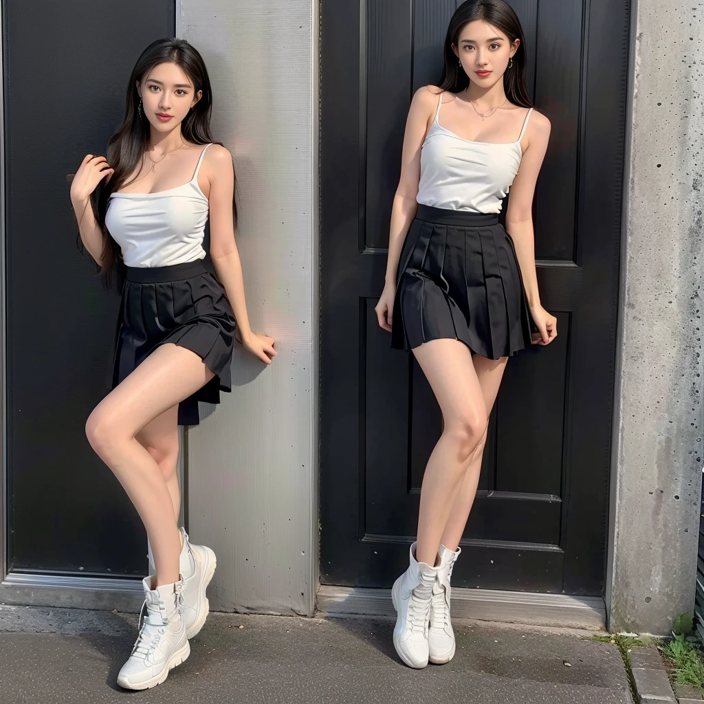 (large shins), (square-necked camisole), (white strapless DRESS), (Breasts tilting towards the upper chest), (Oversized T-shirt with excess fabric when tucked into a skirt), (Skirt full thigh), (knee-length outfit), (hair curled on both sides), (center shoes shot), ((full-body standing image)), (cover knee), (Scottish pleated skirt), (bare shoulders), (bare arms), twinsies、The ultra-detailliert, (cotton spaghetti-strap top), (cotton spaghetti-strap top), (cotton spaghetti-strap top), (cotton spaghetti-strap top), (long skirt), (A hem full flared skirt), (Hem full flared dress), (a girl pretty girl with perfect figure), (a photo of the night sky), (32K,1 20-year-old girl, The light from the rear room is backlit, Ray traching), (full body), (two-parted hair), (very thick hair), (Slender chest), (short upper chest), (pectoral muscles are large), (upper breasts are firm and round), (stand upright), (two shoe ends), (two shoe toes) ,(put on blush), (apply powder), (makeup), (standing), (asian girl princess), (Black non-reflective fabric for making skirt), (dark skirt), (thick thighs), (large calves), (large knees), (one-piece skirt), (seamless skirt), (long shins) , (big shins), (A hem full flared skirt), (Hem full flared dress), (A hem full flared skirt), (thighs meets knee), (black skirt), (black skirt), (black skirt), (black skirt), (knee gap), (knee gap), (knee gap), (Expose cleavage :1.3), (Scottish pleated midi skirt) (Super fine face and eyes), (Highly detailed face and skin texture, Detailed eyes, Double eyelid), (stading shot), (stading shot), , (Scottish pleated midi skirt), (Scottish pleated midi skirt), (knee-length outfit), (knee-length outfit), (knee-length outfit), (knee-length outfit), (Skirt full thigh), (Skirt full thigh), (white sneakers), (a pair of white leather boots, highly detailed boots), (Breasts curving upwards), (Breasts pointing upwards), (cotton spaghetti-strap top), (cotton spaghetti-strap top)
