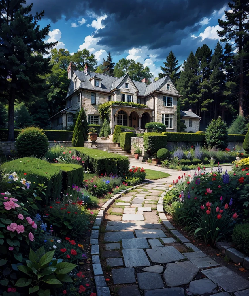 The Romanesque Revival mansion, accessed by a winding stone path, is surrounded by an English garden. There is a dense forest behind the house. There is a dark cloud above the house, which portends a downpour. The lights in the windows are off.