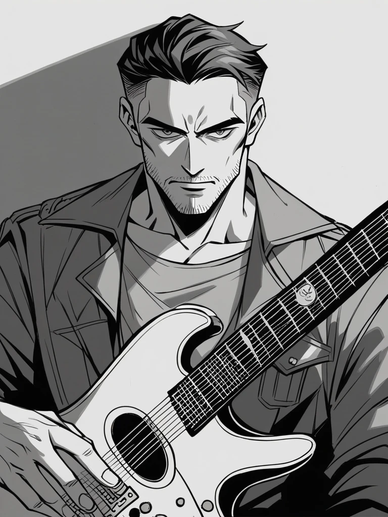 (Edward Van Halen:1.4), monochrome image style that combines silhouettes, shadow pictures and ink painting, portrait of a man playing guitar, best quality, super fine, extremely detailed, delicate and dynamic