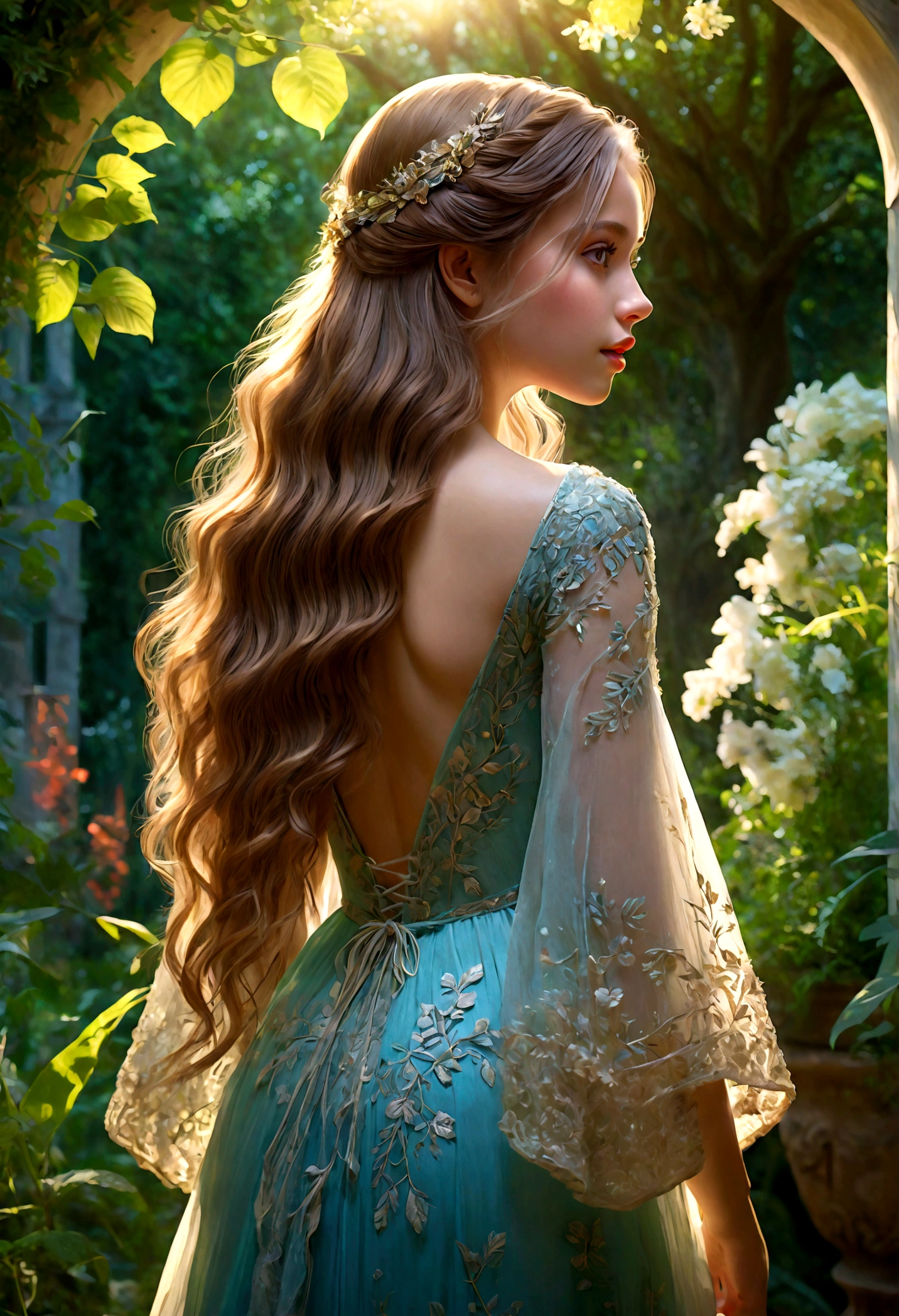 1girl, A woman in a garden, Back View, long flowing hair, delicate shoulders, intricate dress, sunlight filtering through trees, lush greenery, dreamy atmosphere, beautiful detailed face, beautiful detailed eyes, beautiful detailed lips, extremely detailed rendering, vivid colors, dramatic lighting, cinematic composition, fantasy art style, masterpiece, best quality, very aesthetic, absurdres