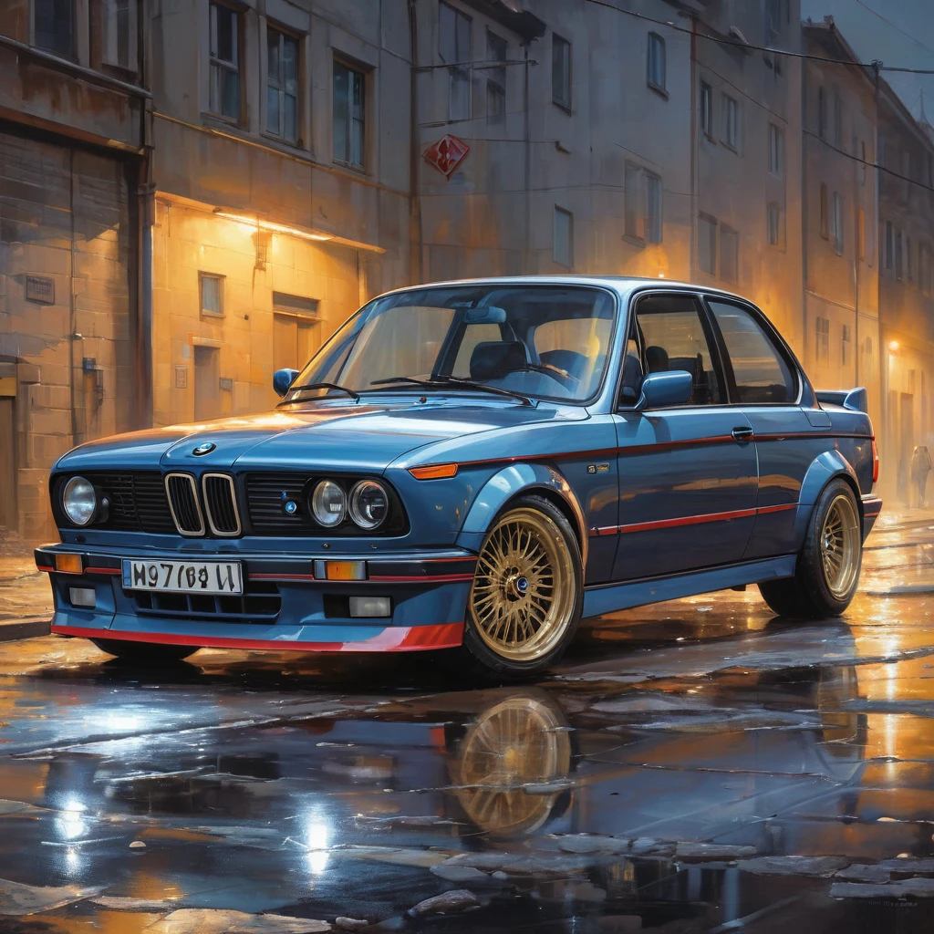 (Tyndall Effect:1.5), BMW 1990s by Piotr Jaboński, best quality, masterpiece, License plate number: CA 1714 Representative work, official art, Professional, Ultra intricate detailed, 8k