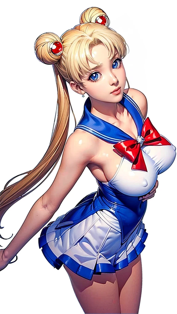 (((Perfect body,White and tender skin,(((Blue and white sailor suit, black high heels, and a bright red bow on the chest))),(((SMUsagiTsukino,Slender and soft golden hair, crystal clear and delicate skin, bright blue big eyes, thin cherry colored lips,,))),((masterpiece)),highres,((Best quality at best)),masterpiece,quality,Best quality,((( Exquisite facial features,Looking at the audience,There is light in the eyes,(((lol,happy))),))),(((Light and shadow,Huge breasts,))),(((Looking at the camera,black background,))))