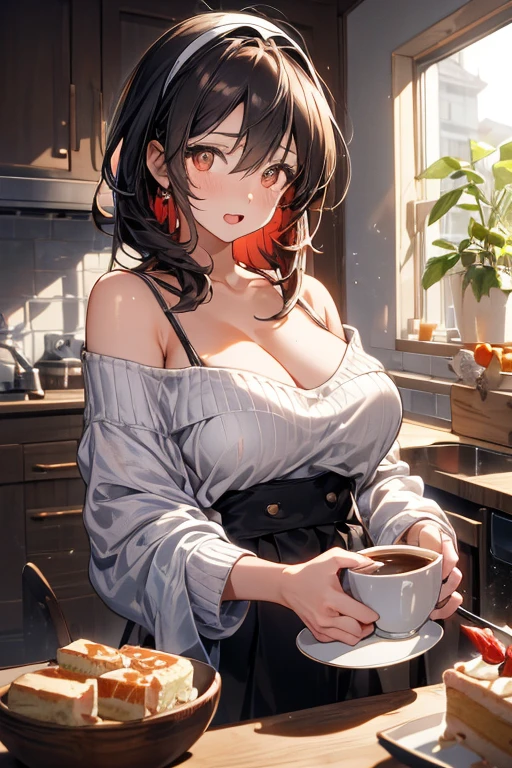 masterpiece, yor, 1girl, Amazing Cleavage:1.3, thin waist, big ass, Raised sexy, medium breast: 1.8 posed cleavage:1.2、solo, looking at viewer, open mouth, have a cup of coffee,black hair, red eyes, dress, bare shoulders, jewelry, collarbone, sidelocks, hairband, earrings, indoors, off shoulder, :o, sweater, arms behind back, plant, short hair with long locks, white hairband, off-shoulder dress, sweater dress, off-shoulder sweater, red sweater, big side hair, very long side hair,is rendered in (masterpiece: 1.2, best quality), with (ultra high resolution) and an exquisite (depth of field). This masterpiece is not only visually stunning but also tells, make of cake cooking ,in the kitchen
