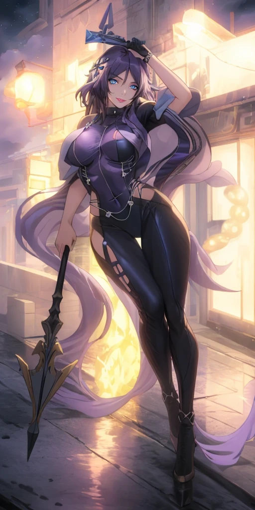 MC, ahoge, (long hari, purple hair:1.3), hair ornament, dark-blue eyes, anatomically correct, heavy breathing, mature female, 1girl, covered navel, breasts, solo, full_body, weapon, standing, jewelry, black_bodysuit, bodysuit, large_breasts, bodystocking, high_heels, toes, looking_at_viewer, (bokeh:1.3), cloudy sky, spear, holding spear, dusk, reflective, hollow eyes, bright pupils, dark-blue eyes, looking at viewer. glowing eyes heavy breathing, seductive smile, lips, 