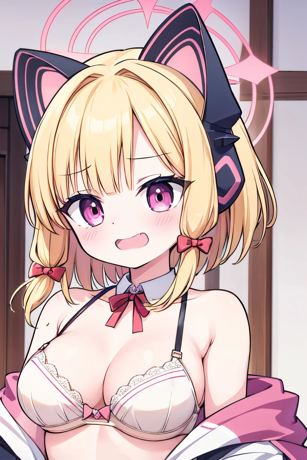 G-Cup　　masterpiece　highest quality　High resolution　Blonde　uniform　student　Show off your breasts　cute　Momoi Saiba　smile　A slightly open mouth　Light in your eyes　Eye highlights　tits　bra