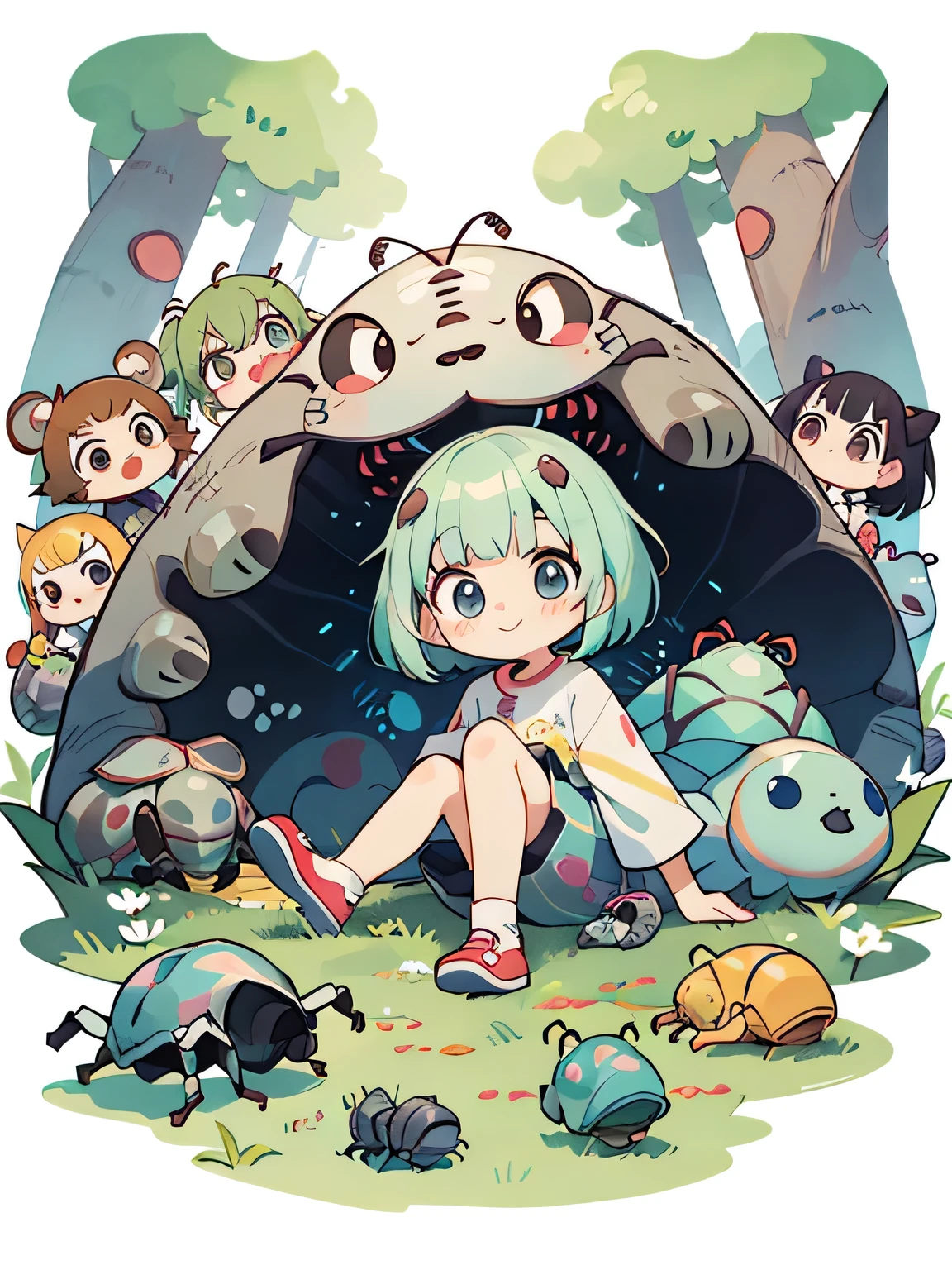 Takashi Murakami style, Kawaii Design, (((10 people)))、most beautiful girl ever、Chibi, Colorful bob hair、((Lots of friends))、(((Cute pillbug)))、Totoro Forest
