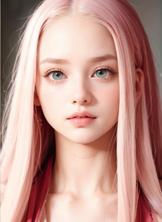 young woman, short shoulder-length pink hair, wide forehead, porcelain skin, pink eyebrows, big emerald green eyes, buttoned nose, full lips, heart-shaped face, slender body, small breasts, red tank top, Sakura Haruno , realistic, realism, details, 3d, well detailed