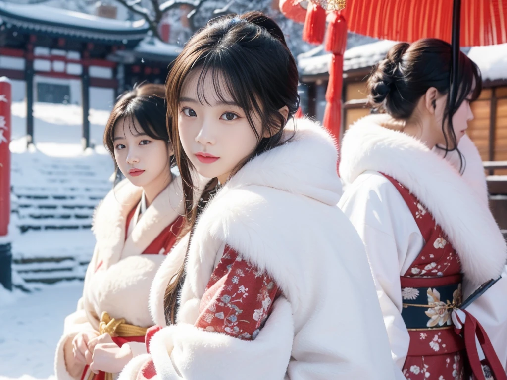 snow。furのコートを着た美しい日本の女性たちの写真。Traditional Japanese New Year Celebrations。着物の上にfurのコートを羽織った。Fisheye Lens、fur。Multiple women。
