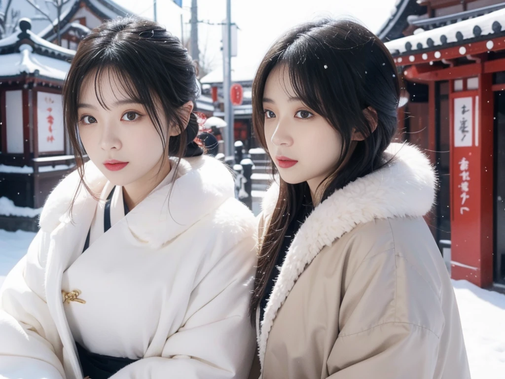 snow。furのコートを着た美しい日本の女性たちの写真。Traditional Japanese New Year Celebrations。着物の上にfurのコートを羽織った。Fisheye Lens、fur。Multiple women。