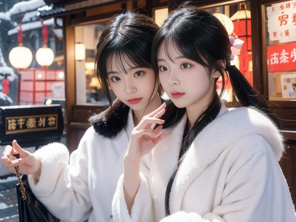 snow。furのコートを着た美しい日本の女性たちの写真。Traditional Japanese New Year Celebrations。着物の上にfurのコートを羽織った。Fisheye Lens、fur。Multiple women。