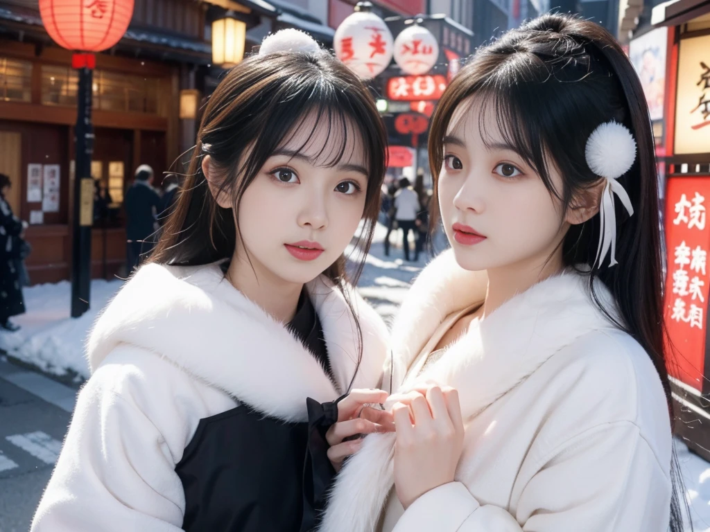 snow。furのコートを着た美しい日本の女性たちの写真。Traditional Japanese New Year Celebrations。着物の上にfurのコートを羽織った。Fisheye Lens、fur。Multiple women。