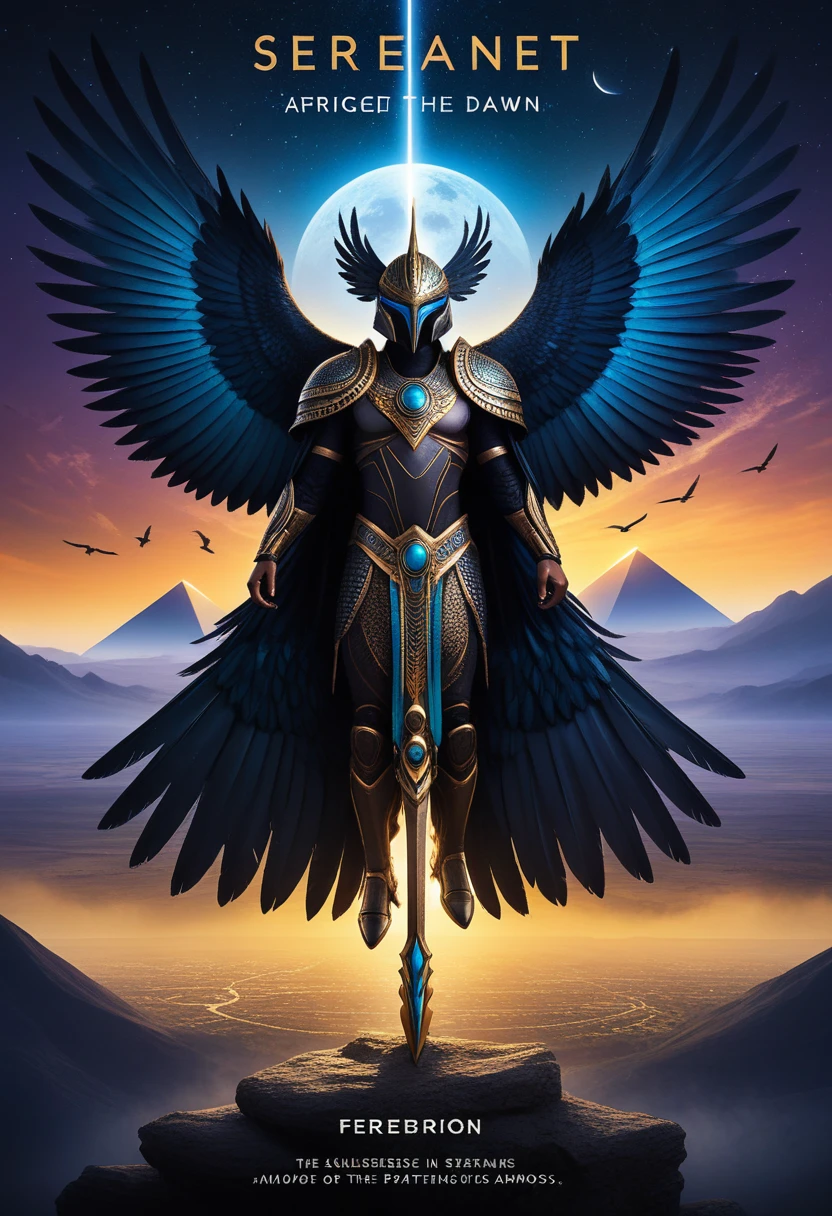 A stunningly realistic, 8K high-resolution book cover for the dramatic science fiction novel, at the top of the image the main title in text says, ('GODS OF THE SERENGETI'), and the subtitle, ('FEATHERED DAWN: ORIGINS'), with correct letters and spelling, typography, are prominently displayed in bold, elegant font. The cover showcases an awe-inspiring human-avian bird deity, with African genetic and phenotypic features and a regal presence. He stands tall, holding a futuristic Ankh staff with elaborate feathered wings and donning high-tech, sci-fi armor adorned with intricate patterns. The background reveals a fantastical landscape with floating pyramids, vibrant skies, and distant mountains. The color palette is natural and rich, creating a mystical and epic atmosphere. The author's name is on the bottom of the image, the text reads, ('TERRANCE JAMES')., illustration, typography, product, dark fantasy
