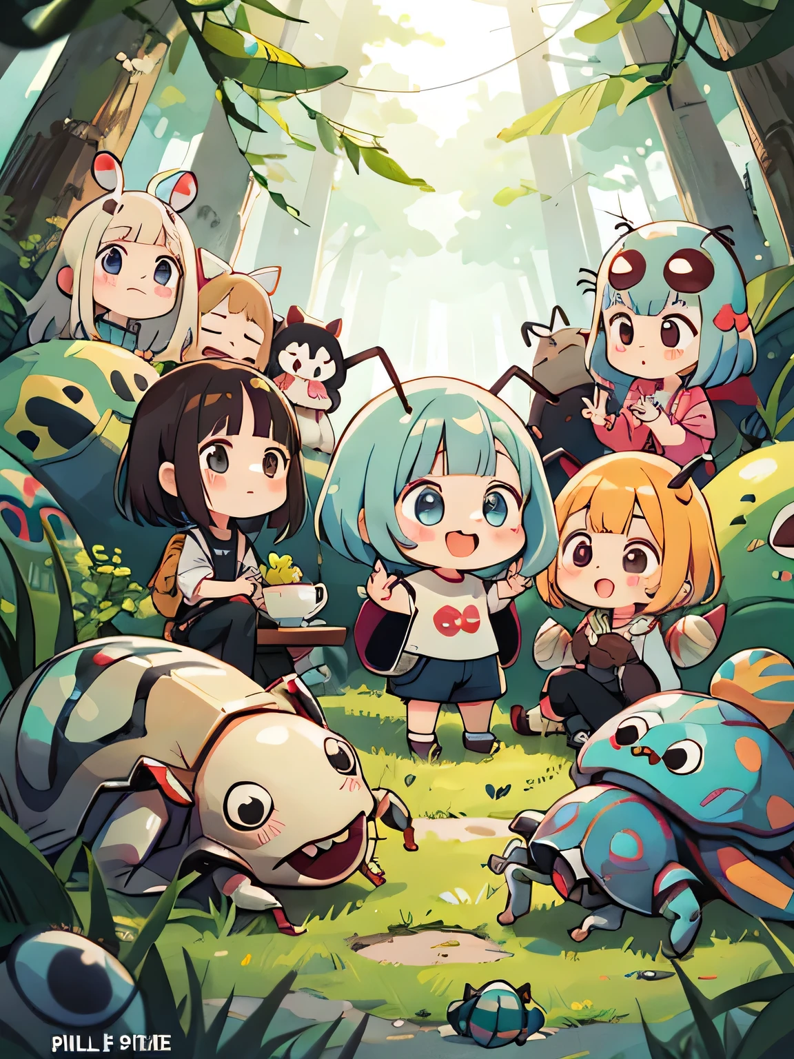 Takashi Murakami style, Kawaii Design, (((10 people)))、most beautiful girl ever、Chibi, Colorful bob hair、((Lots of friends))、(((Cute pillbug)))、Totoro Forest