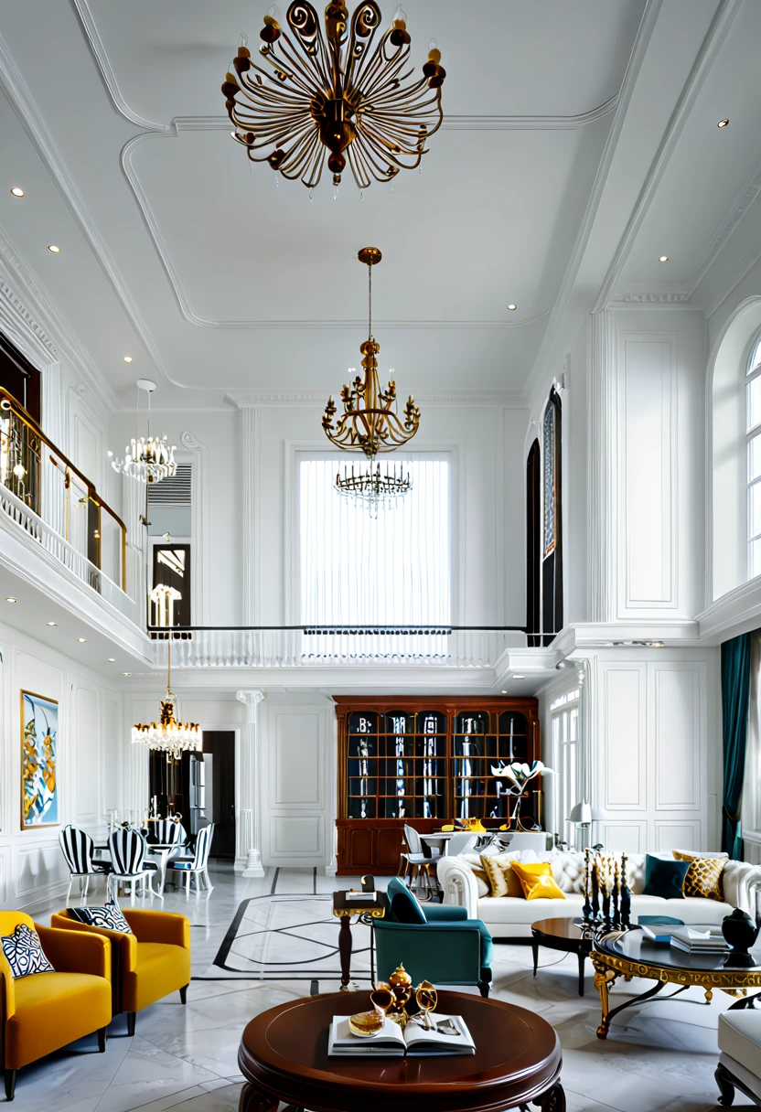 a view of a living room with a couch, chairs, and a chandelier, highly detailed interior, neo - classical style, neoclassical style, neoclassicism style, interior architecture view, interior living room, royal interior, classicism artstyle, library in the style of baroque, classicism style, realistic art deco, tall ceiling, detailed set design, high ceiling