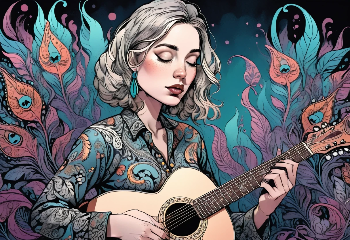 a woman wearing a paisley jumpsuit playing guitar, beautiful detailed eyes, beautiful detailed lips, extremely detailed eyes and face, long eyelashes, photorealistic, 8k, hyperrealistic, beautiful lighting, natural colors, dynamic composition, highly detailed, intricate details, cinematic lighting, dramatic shadows, atmospheric, stunning, gorgeous, vibrant colors, masterpiece, illustration