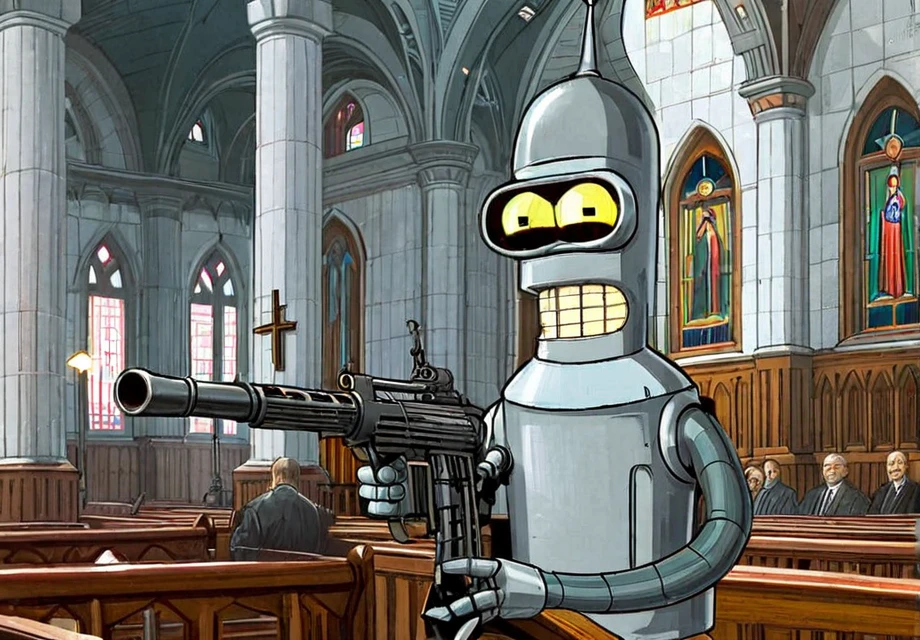 Bender holding Machinegun inside Church at Moscow 