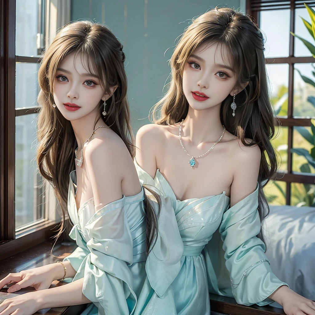 ((whole body)), ((from below)), yushuxin,1 girl,Solitary, ((stand up, Leaning on the windowsill)), ((Lean over)), ((The features are clear, Clear face, Clear face)), red lips, cosmetic, close up, elegant姿势, Seductive pose, Perfect Curve, Slim, Sexy, Large Breasts, , beautiful legs, Fascinating eyes, Biting your lips, Messy long hair, Simple and casual scene, Very detailed, Ultra-clear, best quality, Official Art, Beautiful earrings, Beautiful necklace, Very detailed description, Super beautiful painting, Advanced Features, elegant, beautiful, Ultra-fine details, masterpiece, Real texture, Realistic lighting, masterpiece, best quality