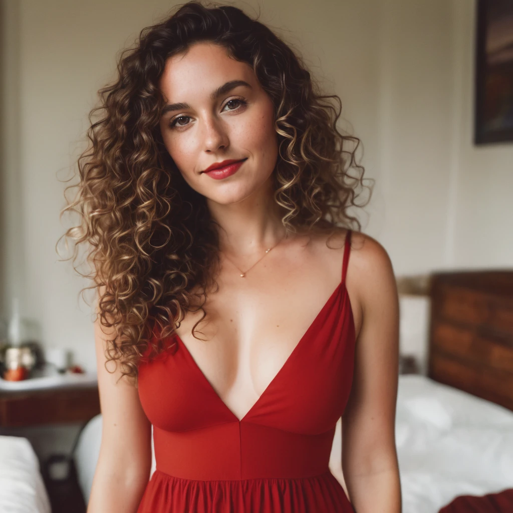 [white-skinned woman:1.2, long curly hair:1.2, elegant red sundress, deep neckline, snub-nosed, bright brown eyes], awesome naked breasts, VSCO filter: C8, big nipples