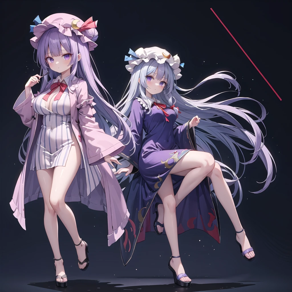 1girl, patchouli knowledge (touhou), purple eyes, very long hair, purple hair, blunt bangs, double bun, purple headwear, mob cap, bun cover, vertical-striped dress, purple dress, long sleeves, robe, wide sleeves, red bowtie, neck ribbon, red ribbon, crescent hat ornament, crescent hair ornament, red bow, blue bow, hair bow, hat bow,(large breasts),(((full body))),(((blue background))),(((Diagonal angle)))