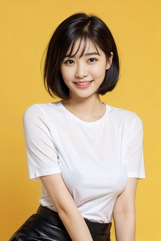 a gorgeous lady, age 22, white T-shirt and black skirt, dimpled smile, short bob hair, in a natural pose, photorealistic, beautiful detailed eyes, ample round bosom, hyper-realism, high contrast, ultra HD, realistic skin textures, top image quality, top-quality, super high resolution, fine details, very meticulously, simple yellow background