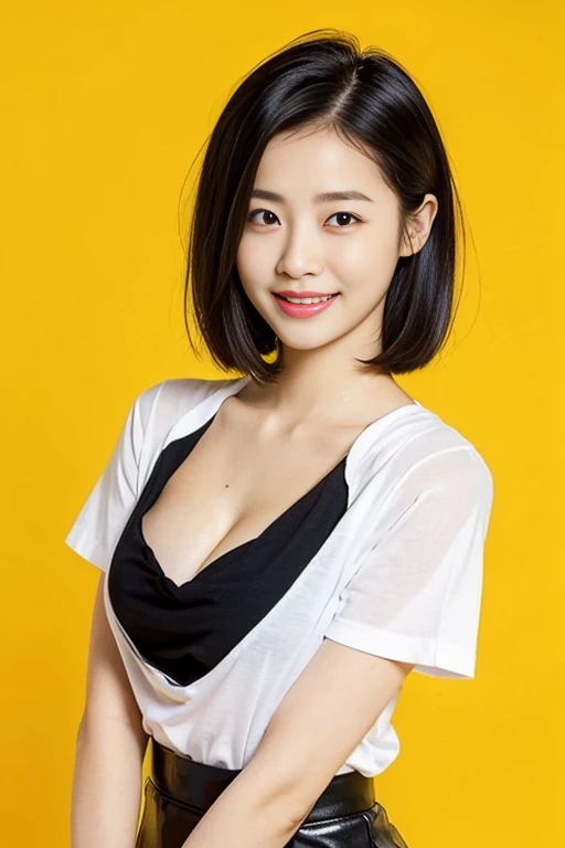 a gorgeous lady, age 22, white T-shirt and black skirt, dimpled smile, short bob hair, in a natural pose, photorealistic, beautiful detailed eyes, ample round bosom, hyper-realism, high contrast, ultra HD, realistic skin textures, top image quality, top-quality, super high resolution, fine details, very meticulously, simple yellow background